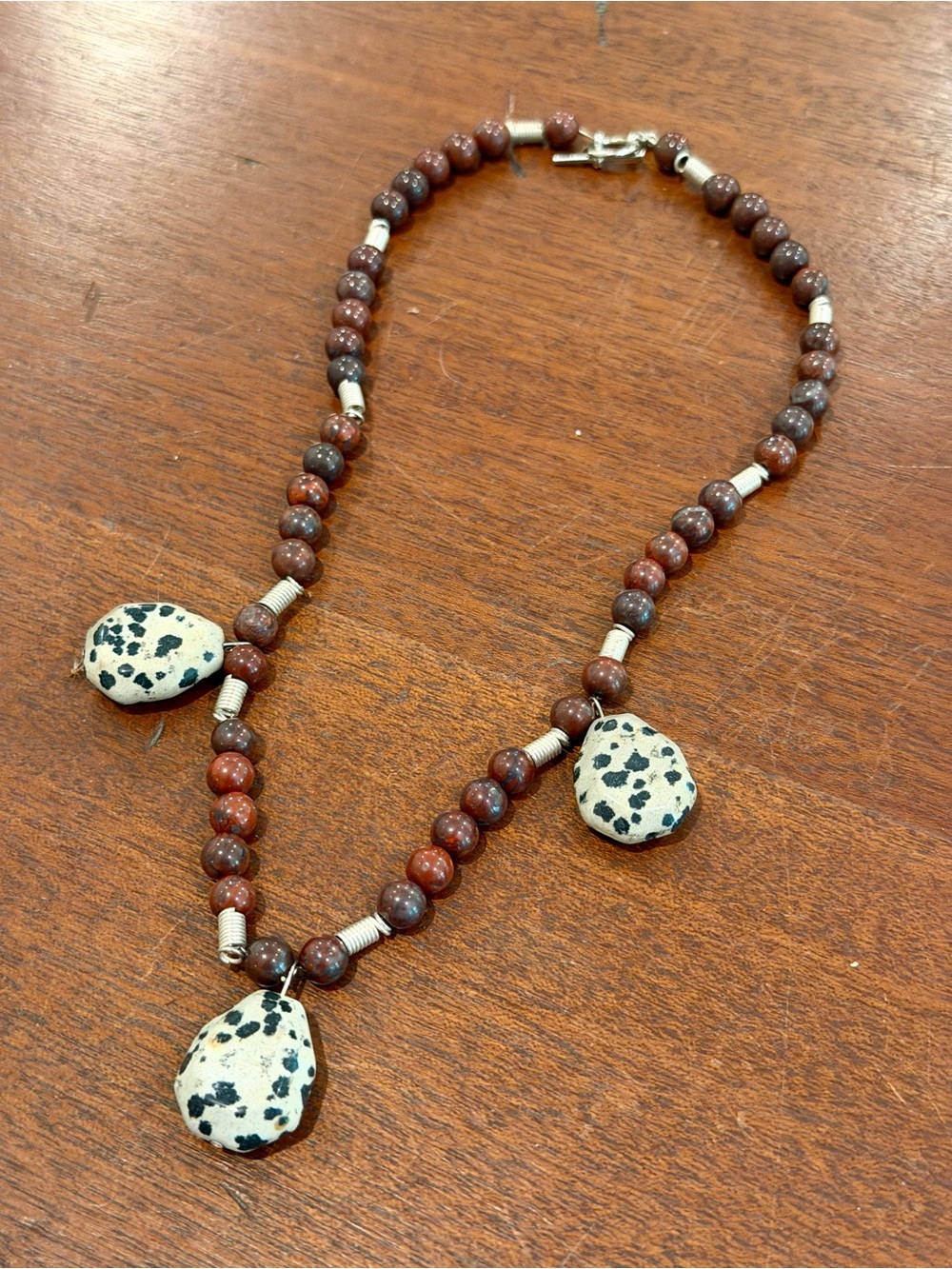 Dalmatian Jasper Pendant Necklace with Brown Beads